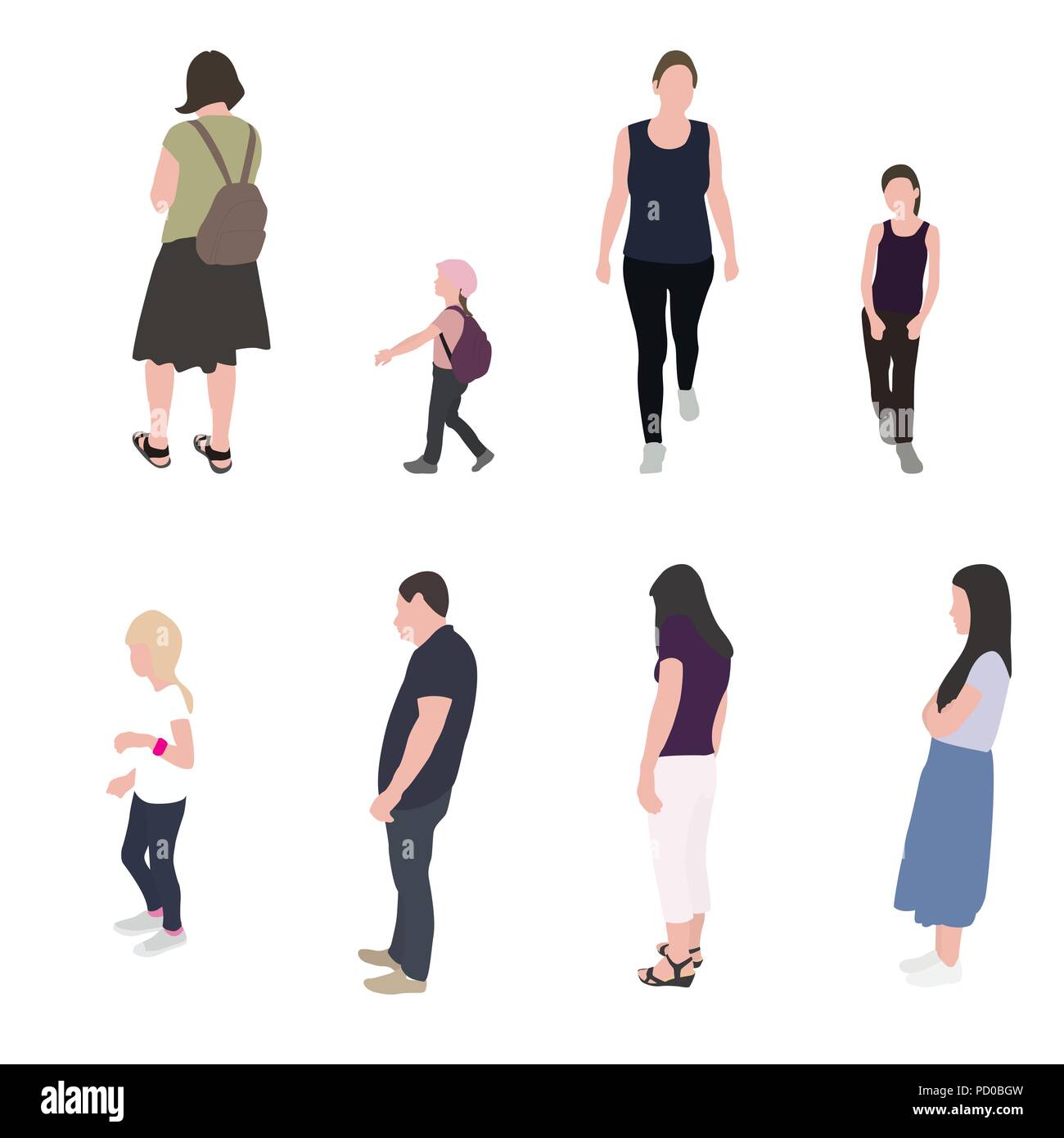 Set of Silhouette Walking People and Children. Vector Illustration. Stock Vector