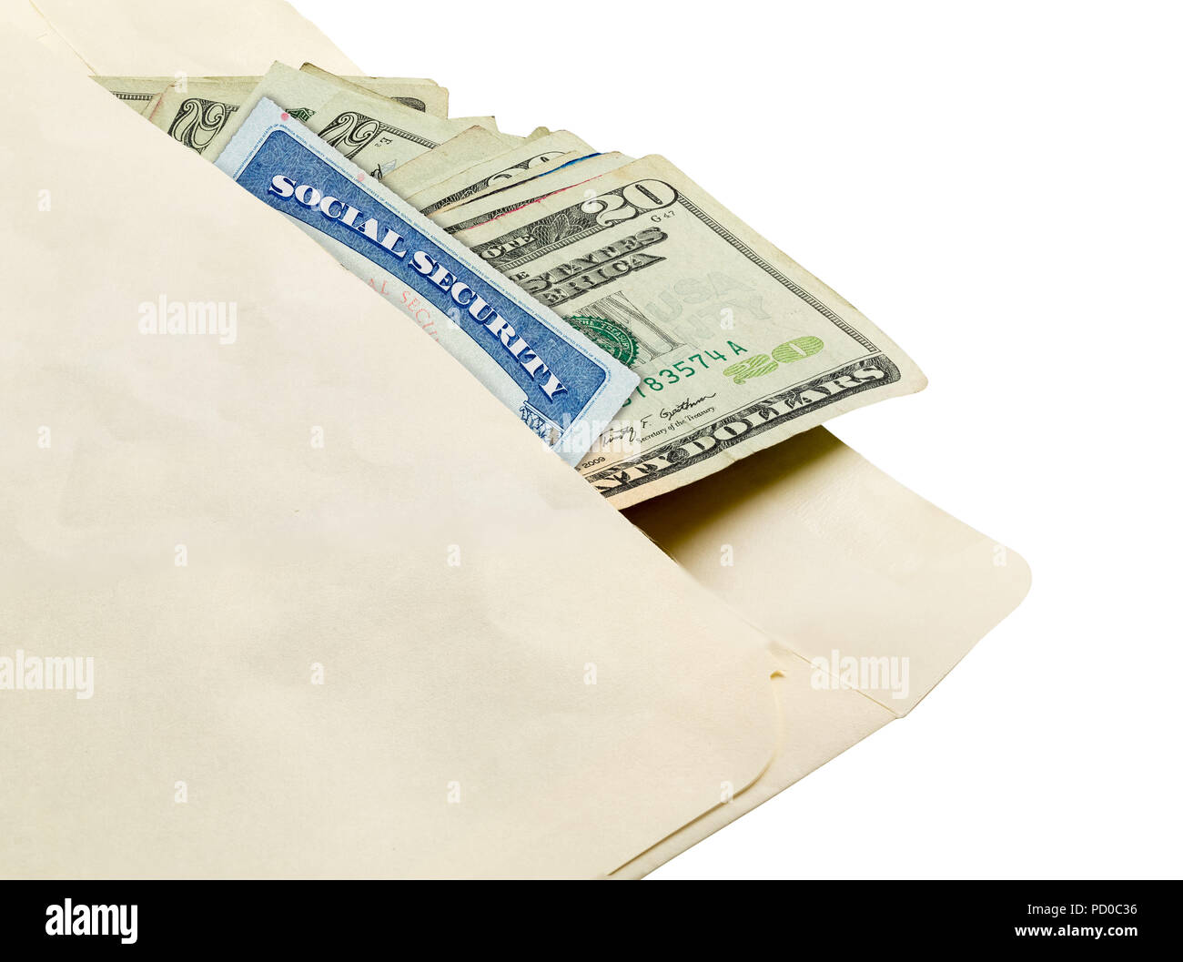Stack of twenty dollar bills in envelope with social security card Stock Photo