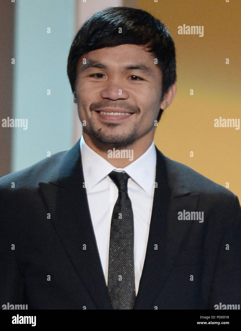 DORAL, FL - JANUARY 25:  Manny Pacquiao on stage at the 63rd Annual Miss Universe Pageant at Trump National Doral on January 25, 2015 in Doral, Florida.  People:  Manny Pacquiao Stock Photo