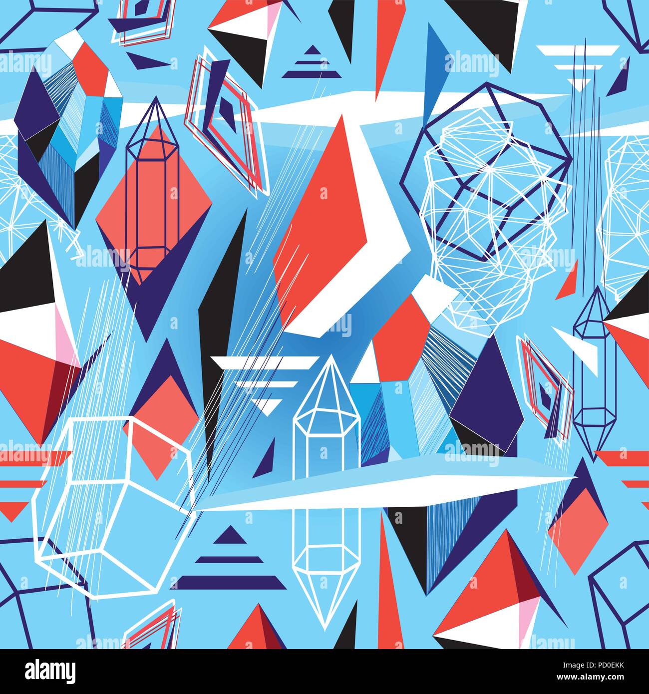 Seamless geometric pattern from different shapes on a blue background Stock Vector