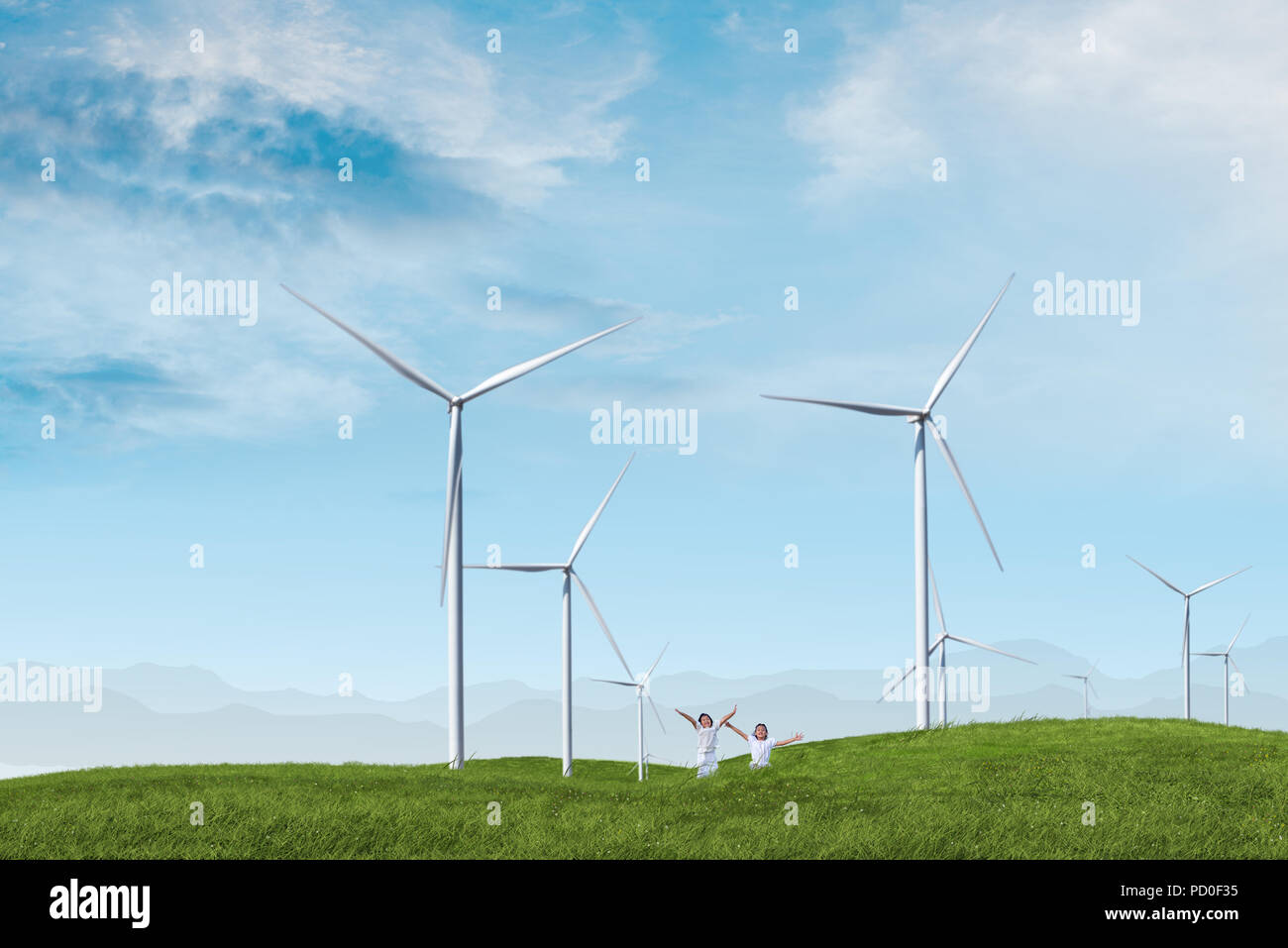 Children Playing In Wind Turbine, Wind Turbine With Blue Sky Stock ...