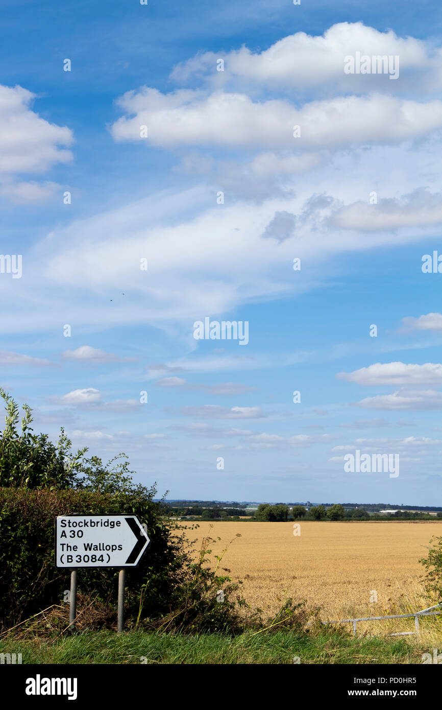 Roadside direction sign at T junction to Stockbridge and The Wallops Stock Photo