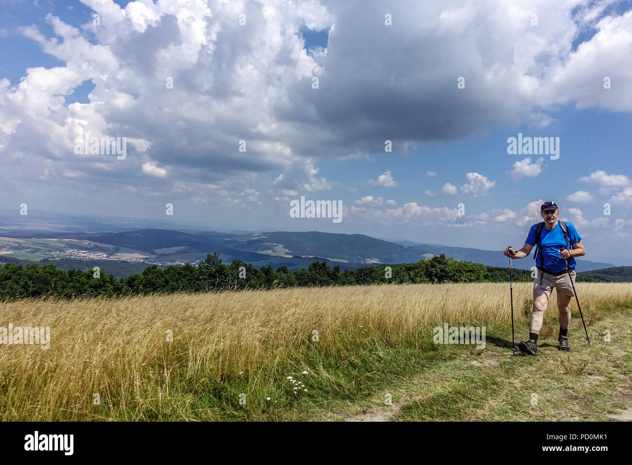 Senior, elderly man with Nordic Walking poles  on mountain trail, Velka Javorina, Czech Slovakia border, White Carpathians mountain Stock Photo