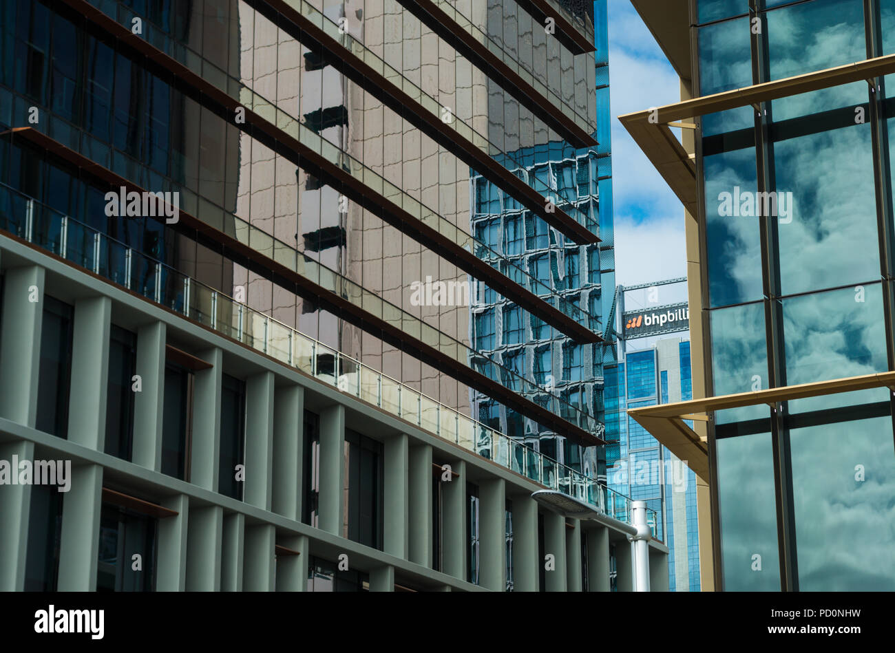 Close-up of details of some glass facades with reflections in Perth, Western Australia, Australia Stock Photo