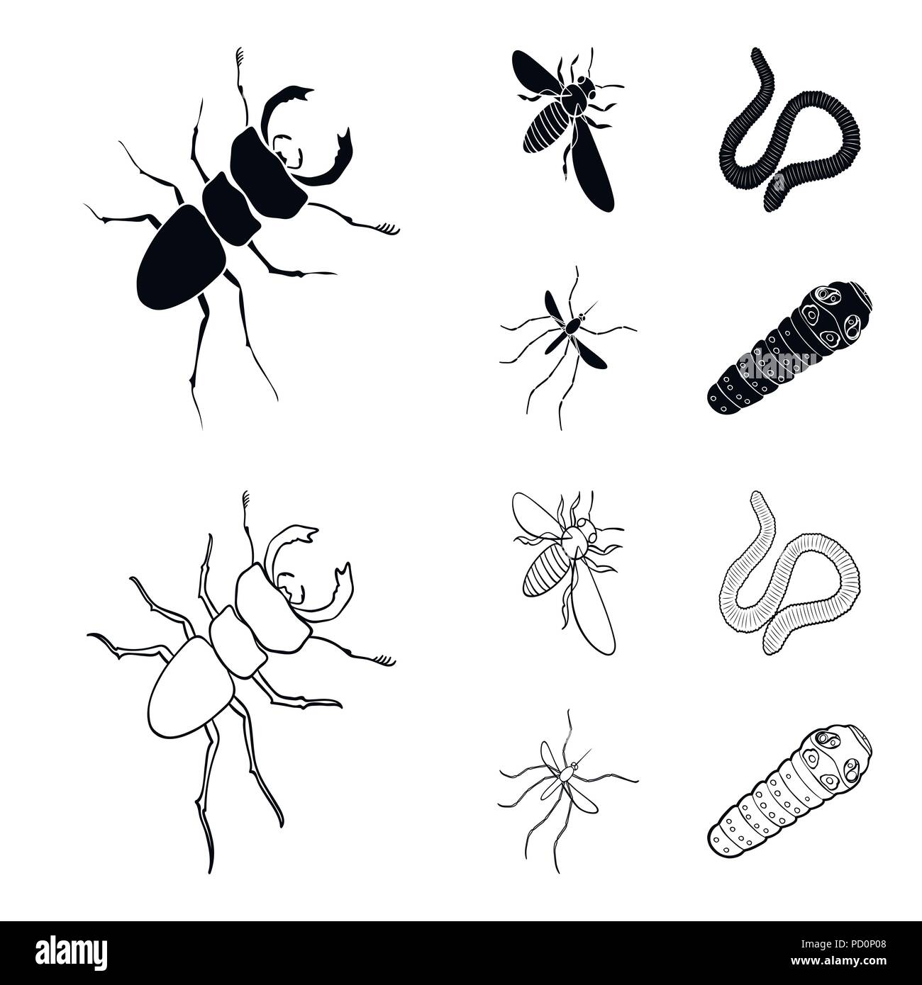 Arthropods insect mosquito, bee.Earth worm, caterpillar,vermicular set collection icons in black,outline style vector symbol stock isometric illustrat Stock Vector