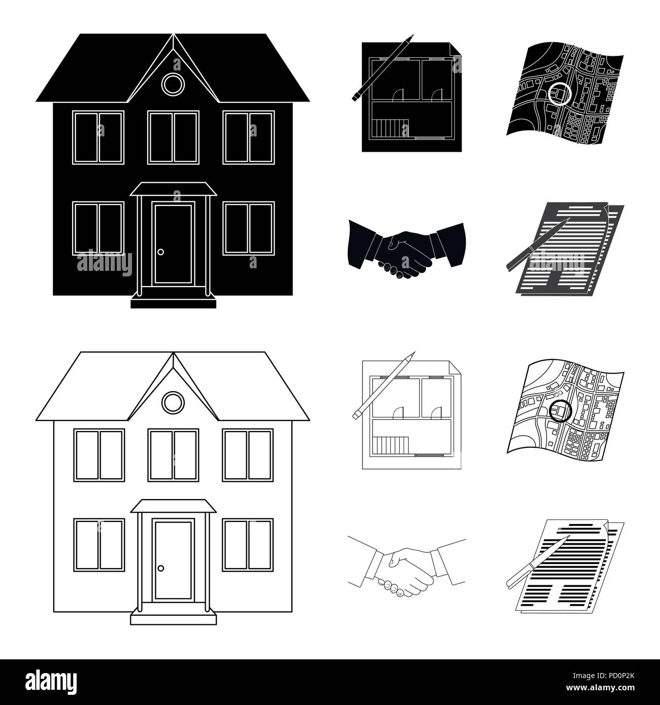 House plan, documents for signing, handshake, terrain plan. Realtor set collection icons in