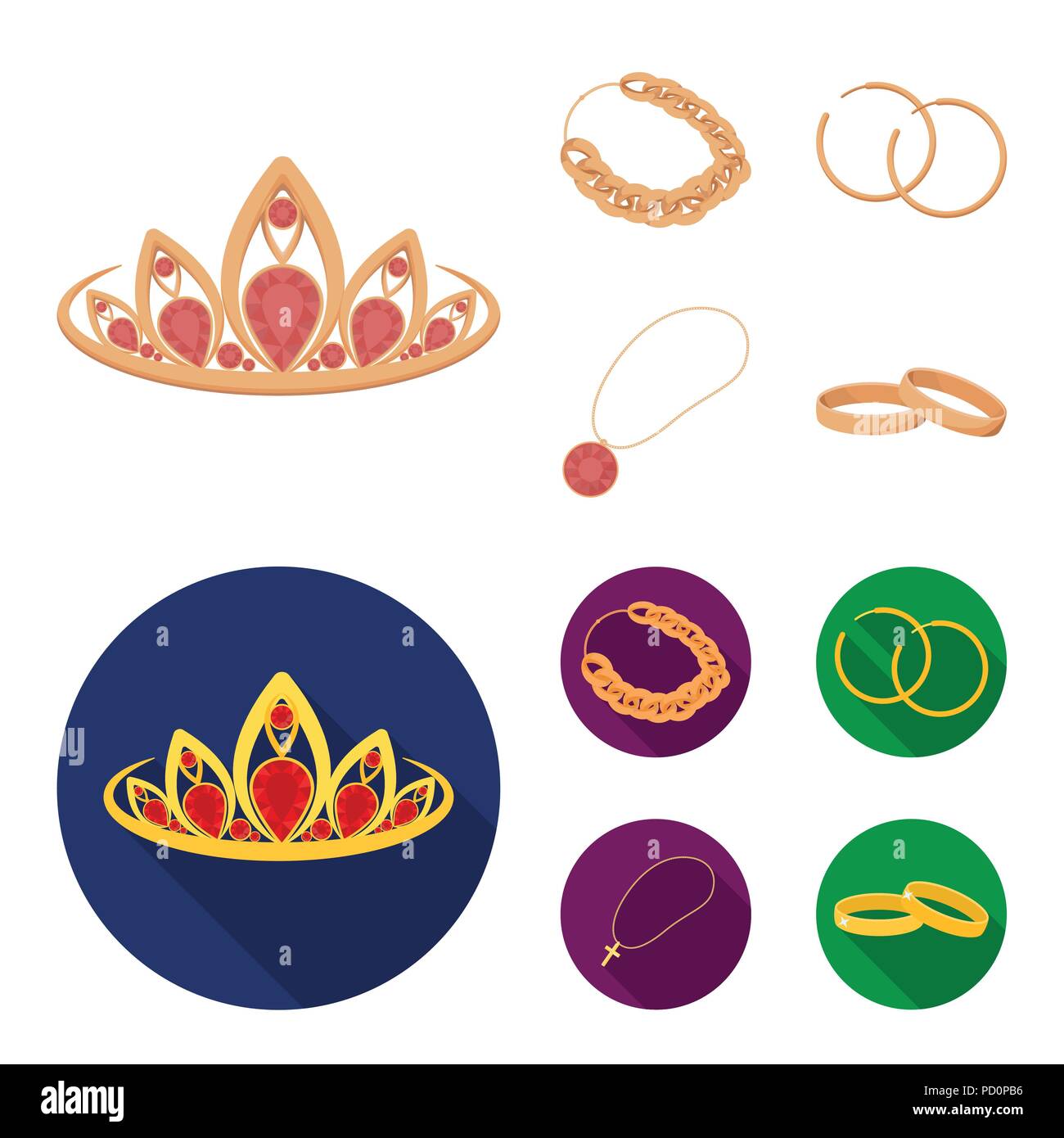 Tiara, gold chain, earrings, pendant with a stone. Jewelery and accessories set collection icons in cartoon,flat style vector symbol stock illustratio Stock Vector