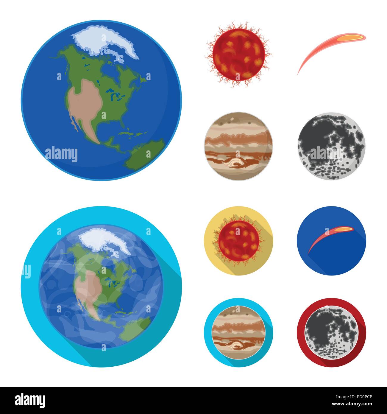 Earth, Jupiter, the Sun of the Planet of the Solar System. Asteroid, meteorite. Planets set collection icons in cartoon,flat style vector symbol stock Stock Vector