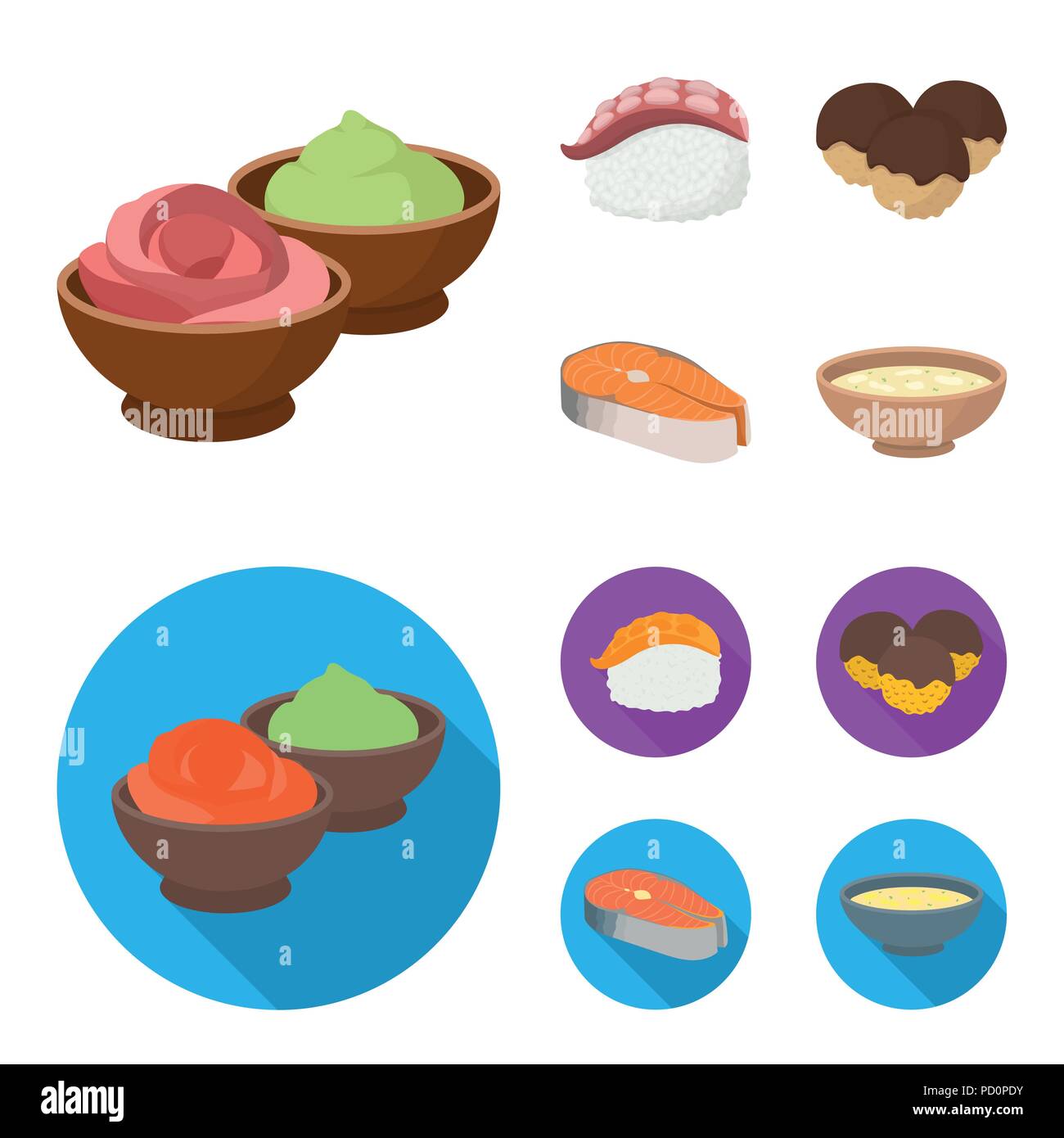 Wasabi sauce and ginger, salmon steak, octopus. Sushi set collection icons in cartoon,flat style vector symbol stock illustration . Stock Vector