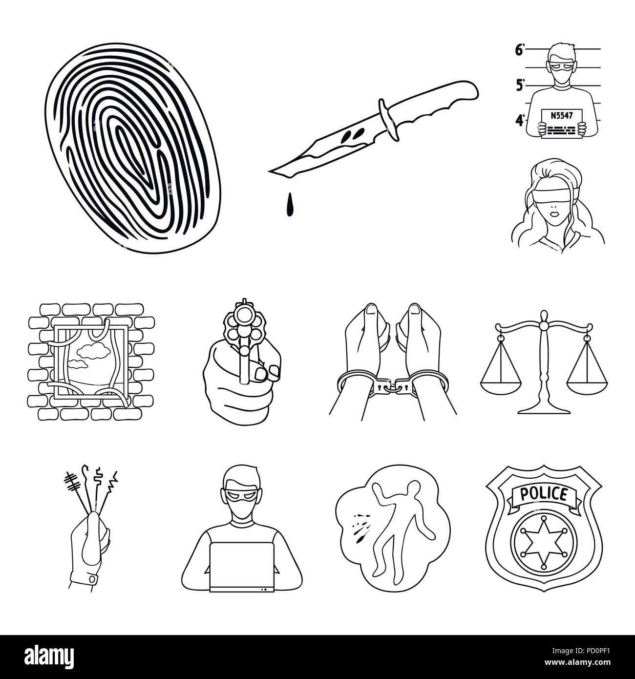 Crime and Punishment outline icons in set collection for design.Criminal vector symbol stock  illustration. Stock Vector