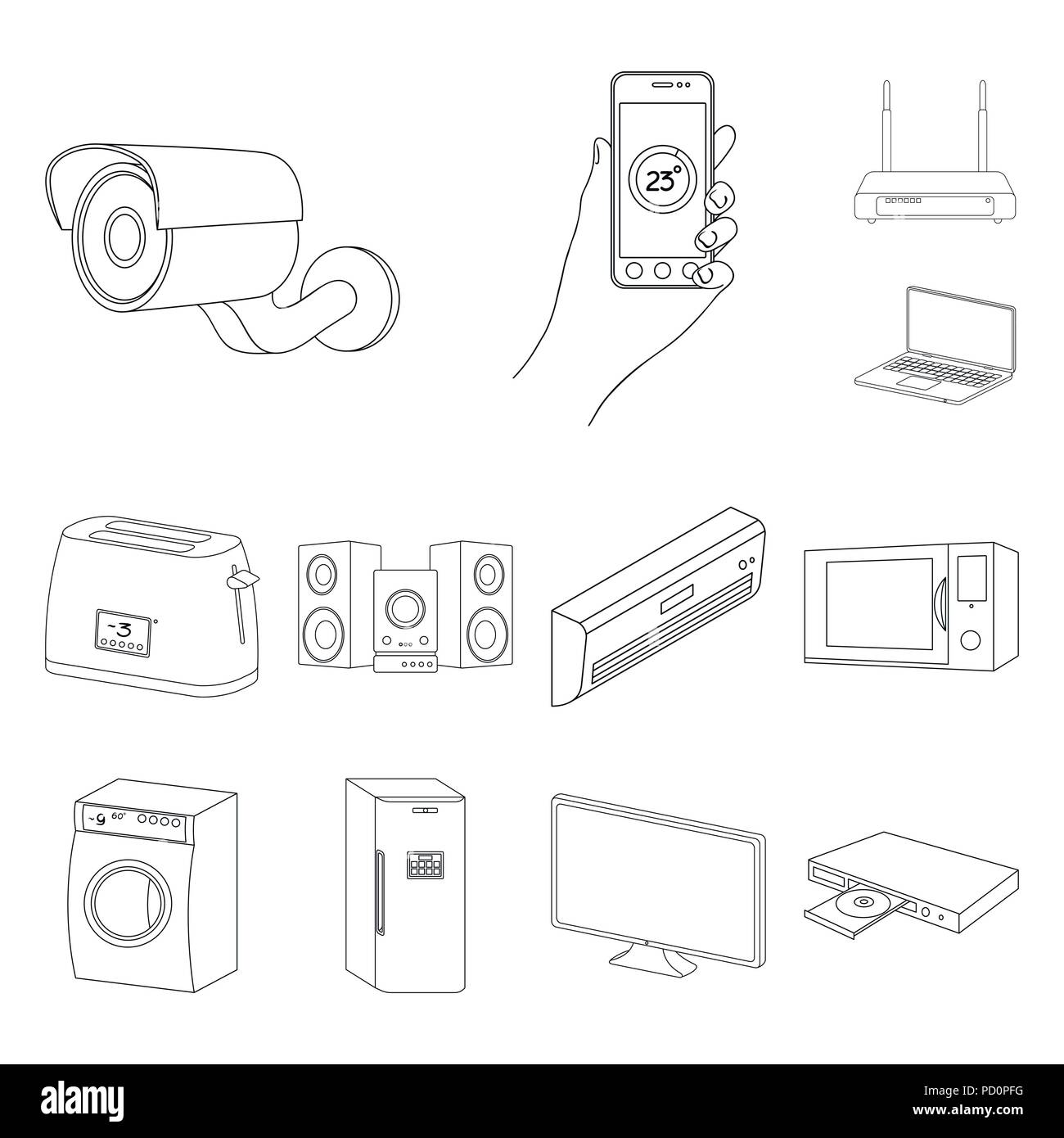 Smart home appliances outline icons in set collection for design. Modern household appliances vector symbol stock illustration. Stock Vector