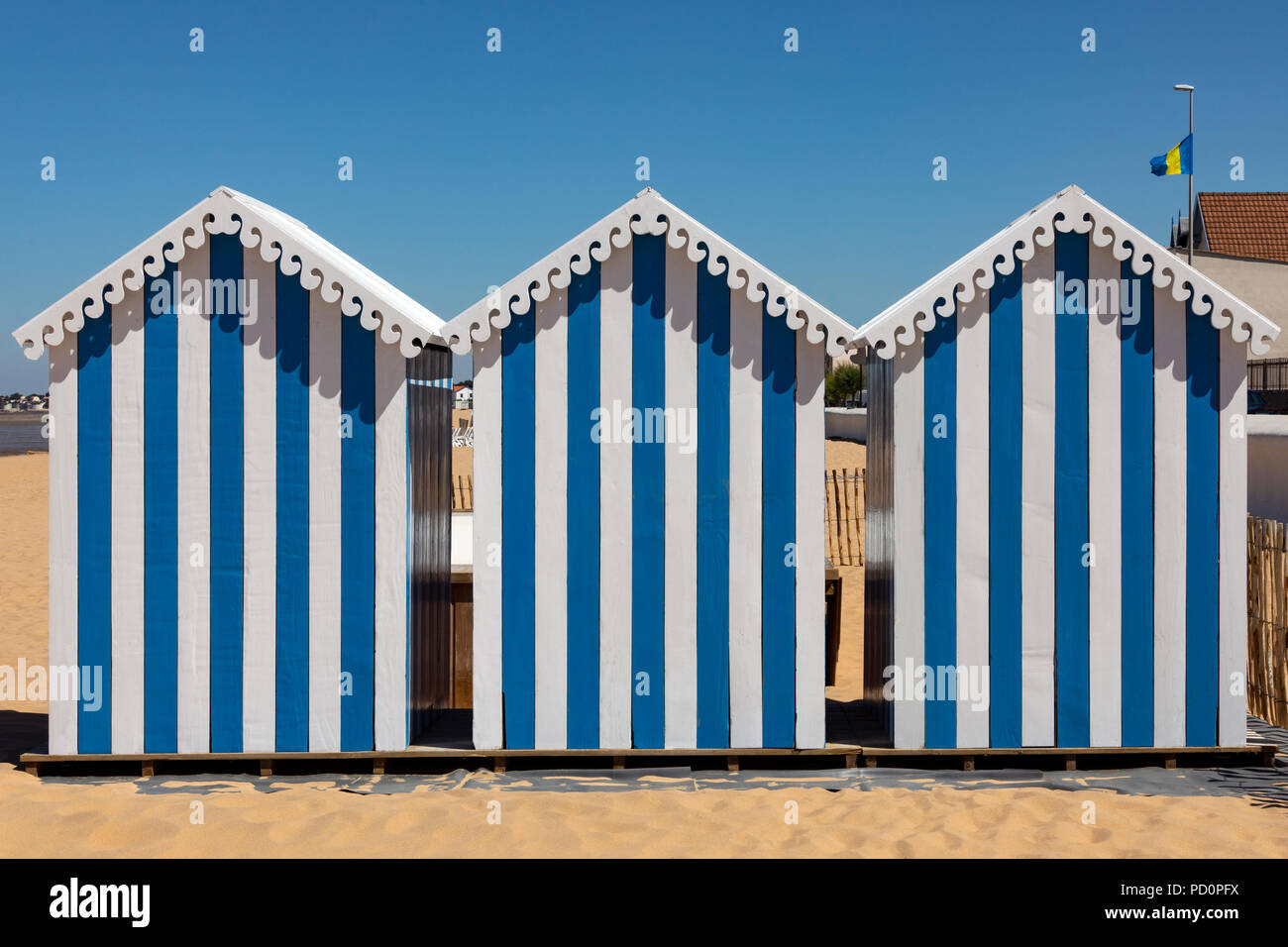 Beach huts at Chatelaillon Plage near La Rochelle in the Charente-Maritime department of southwest France. Stock Photo