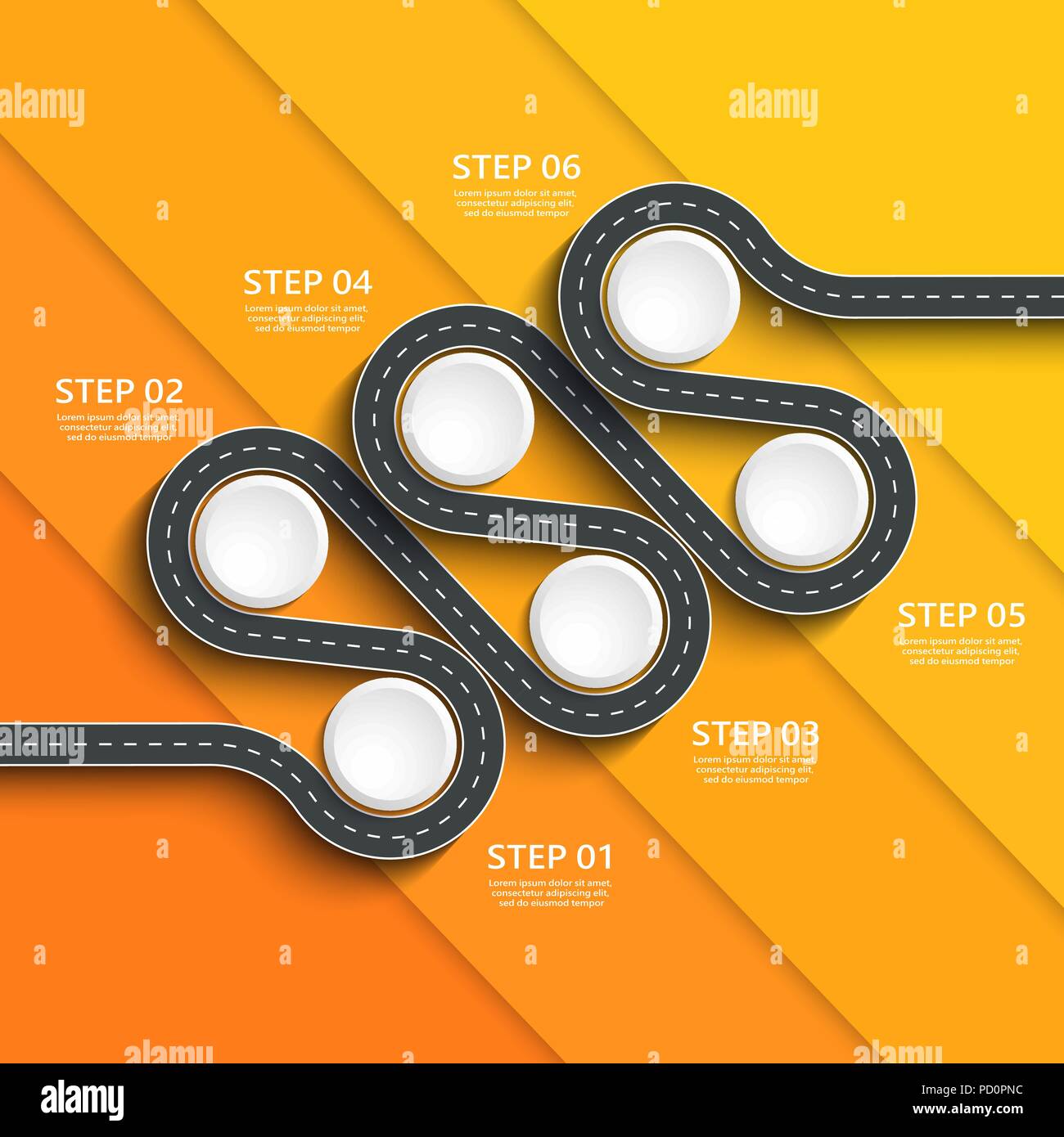 Winding road way location infographic template with a phased structure. Business circle template with options for brochure, timeline. Vector EPS 10 Stock Vector