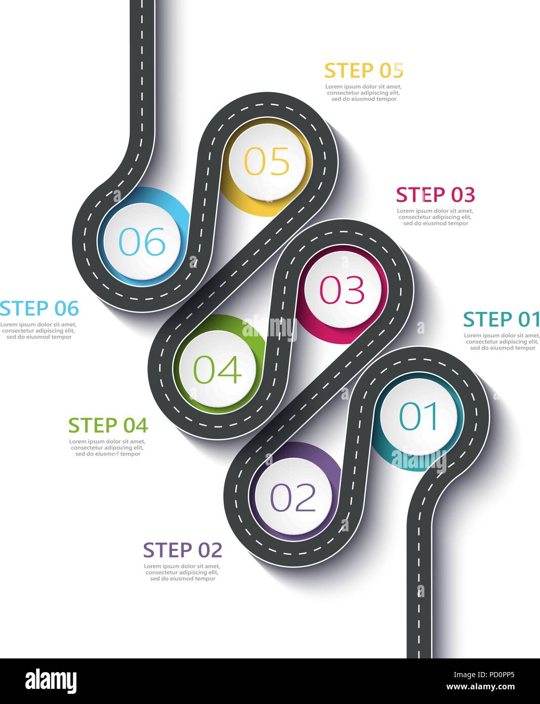 Winding road way location infographic template with a phased structure. Business circle template with options for brochure, timeline. Vector EPS 10 Stock Vector