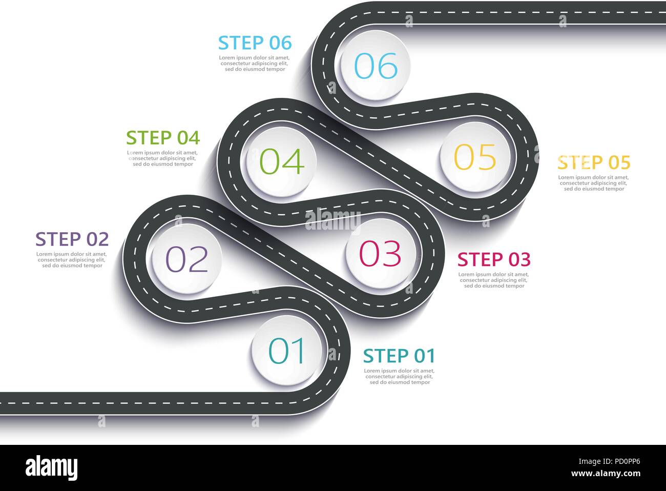 Winding road way location infographic template with a phased structure. Business circle template with options for brochure, timeline. Vector EPS 10 Stock Vector