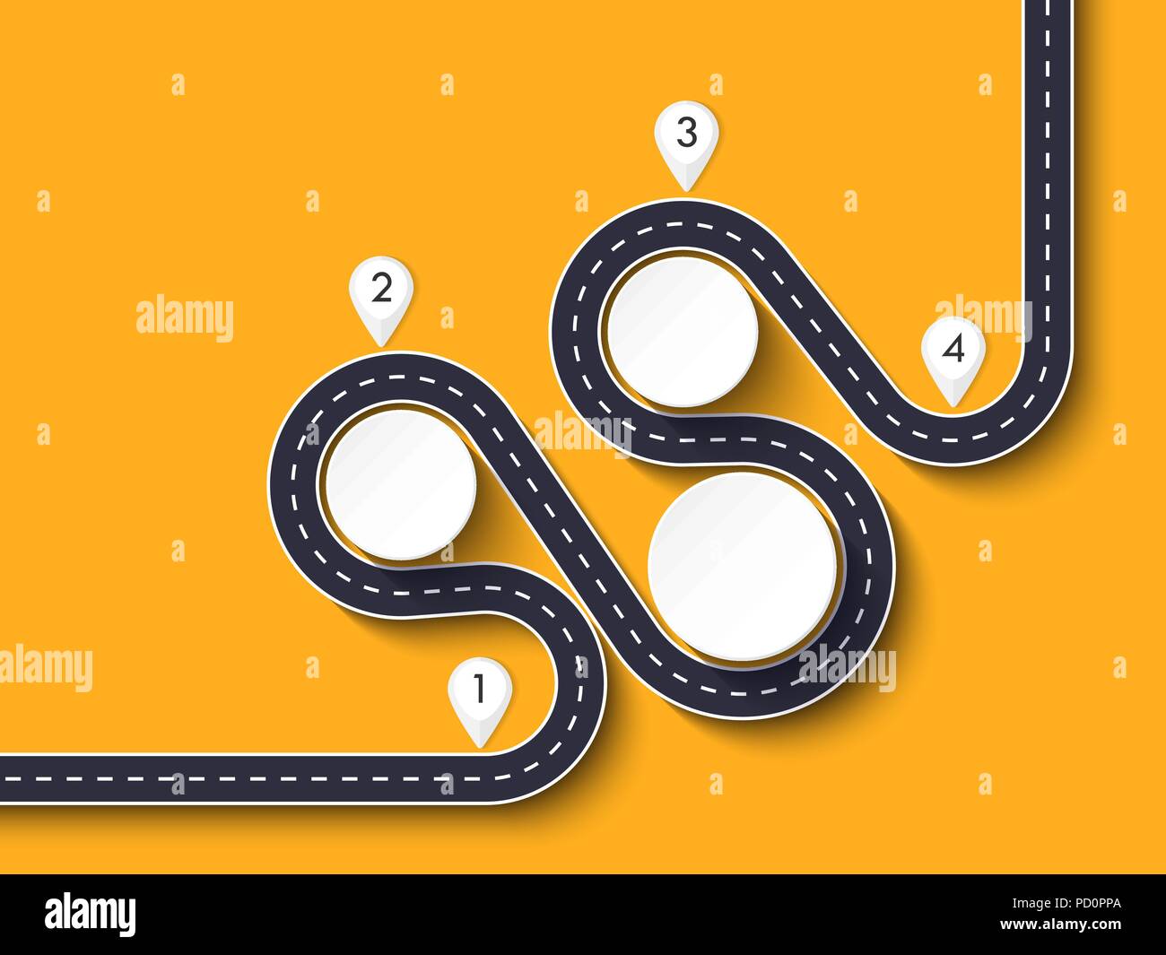 Winding road way location infographic template with a phased structure. Business circle template with options for brochure, timeline. Vector EPS 10 Stock Vector