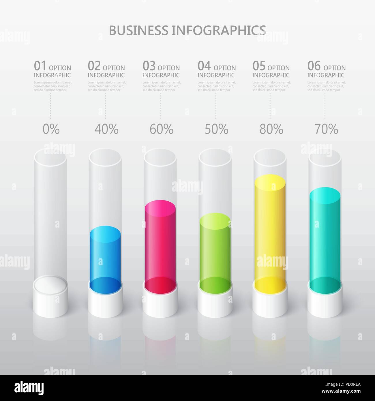 Modern abstract 3D cylindrical infographic template with six steps options. Business percentage graph template. Vector EPS 10 Stock Vector