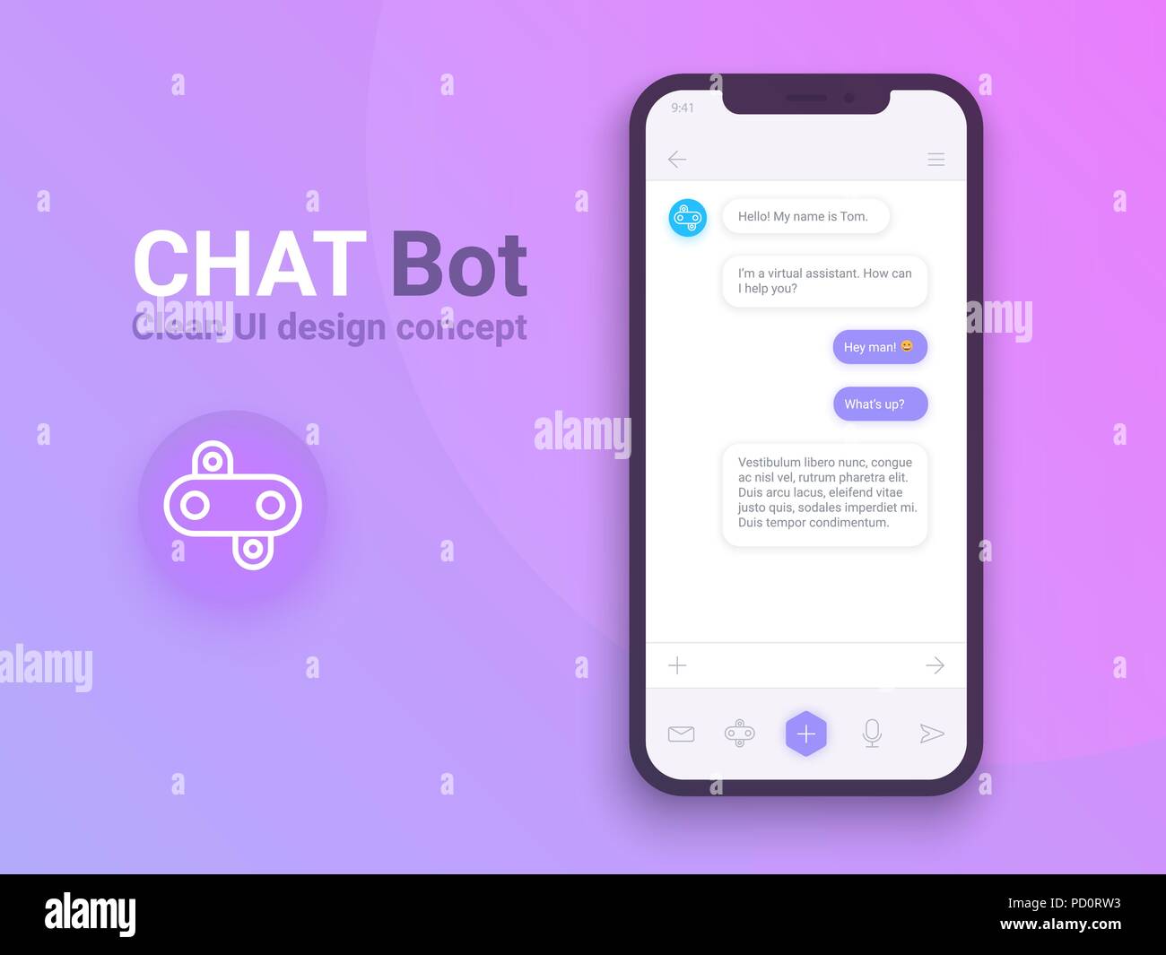 Clean Mobile UI Design Concept. Trendy Chatbot Application with Dialogue window. Sms Messenger. Vector EPS 10 Stock Vector