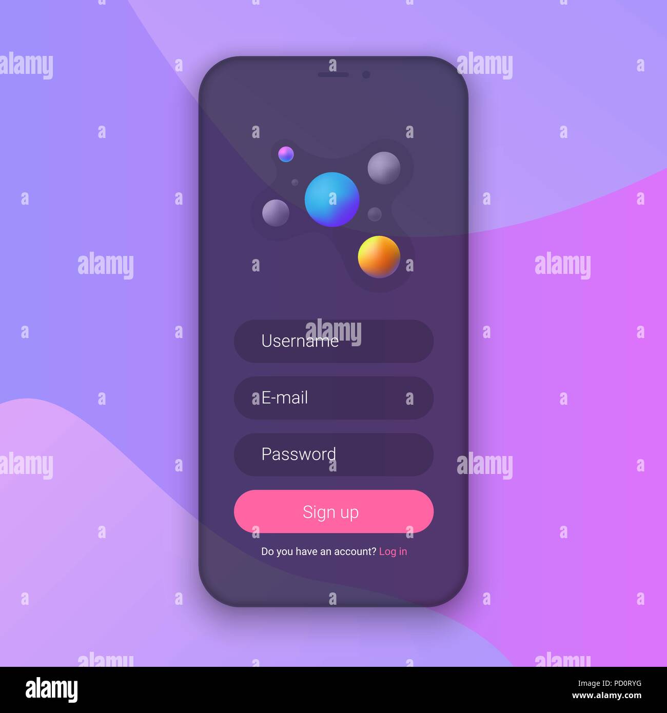 Sign Up Screen. Clean Mobile UI Design Concept. Application with Registration Form Window. Trendy Holographic Gradients Shapes. Vector EPS 10 Stock Vector