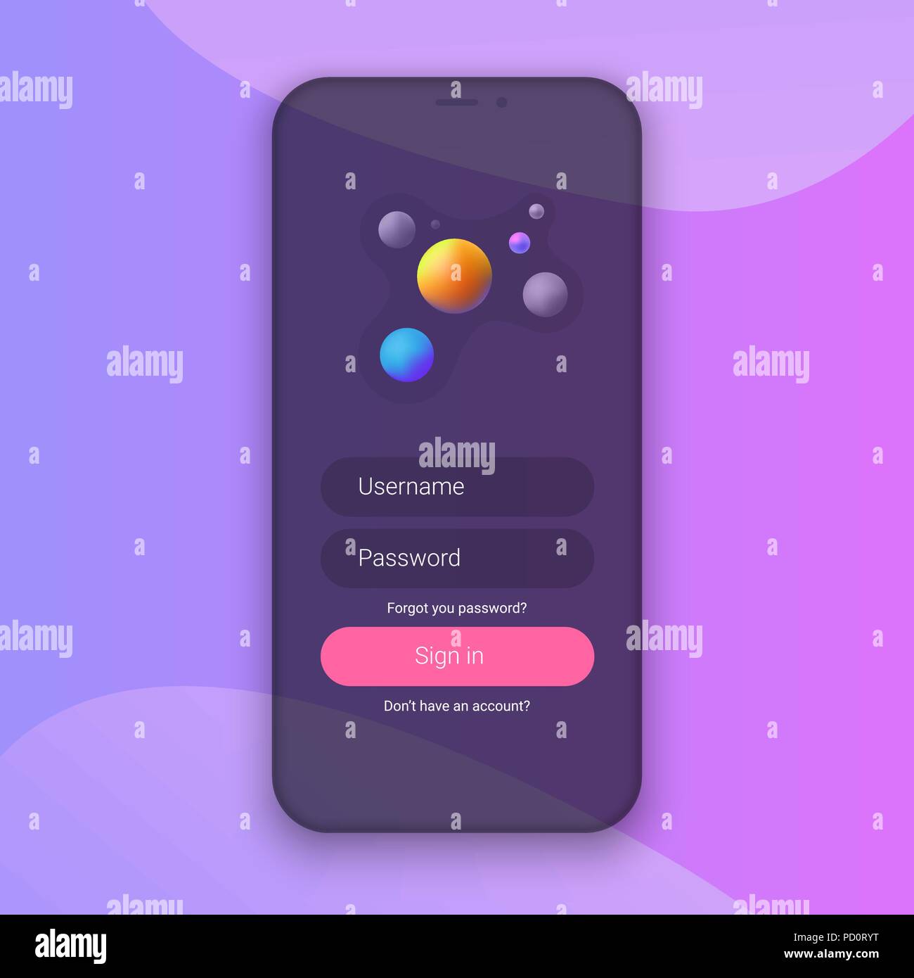 Sign In Screen. Clean Mobile UI Design Concept. Login Application with Password Form Window. Trendy Holographic Gradients Shapes. Vector EPS 10 Stock Vector