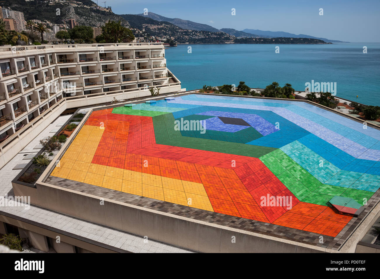 Hexa Grace by Victor Vasarely instalment on the roof of the Monaco Convention Center, created in 1979 by the Vasarely Foundation Stock Photo