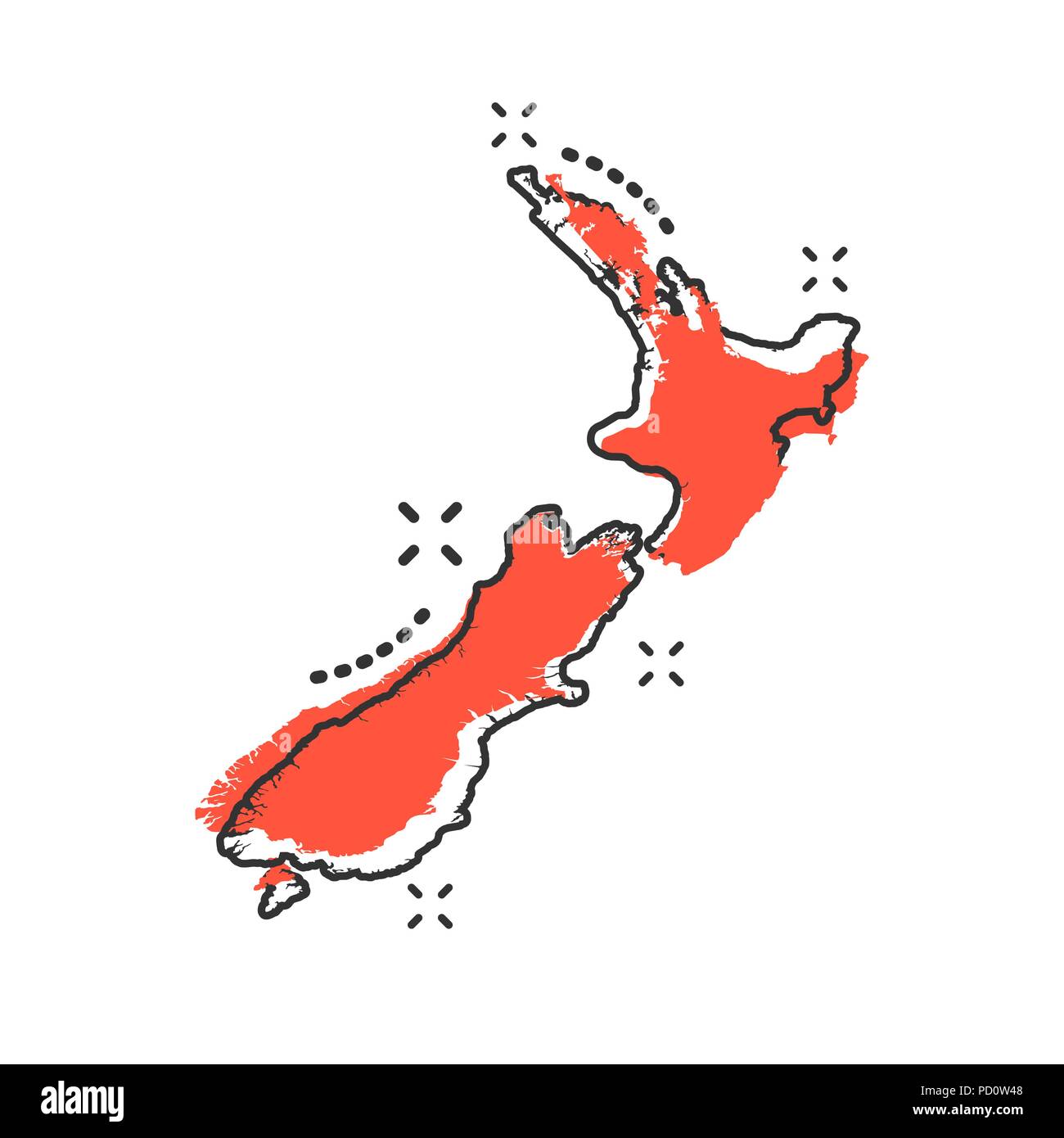 Vector cartoon New Zealand map icon in comic style. New Zealand sign illustration pictogram. Cartography map business splash effect concept. Stock Vector