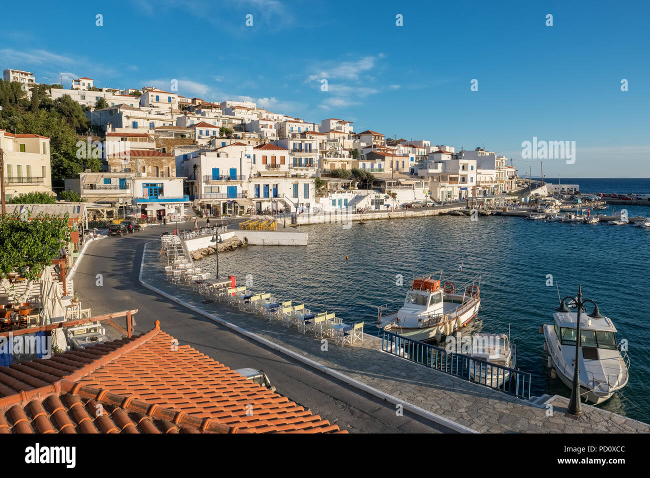 Picturesque Batsi village on Andros island, Cyclades, Greece Stock
