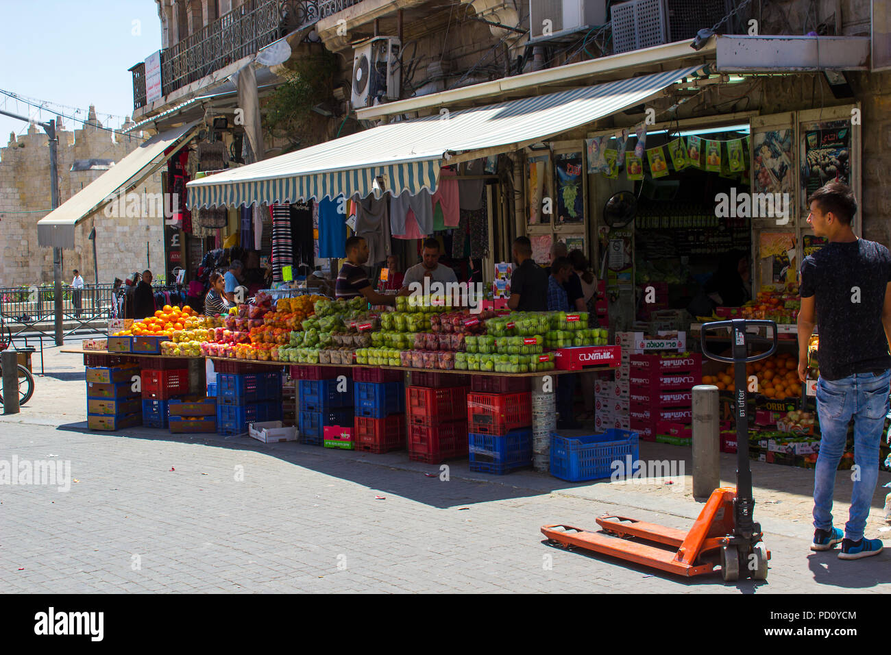 11 May 2018 The busy Nablus Road junction with Sultan Suleiman Street in the Arab Muslim Quarter of Jerusalem Israel approaching the Damascus Gate in  Stock Photo