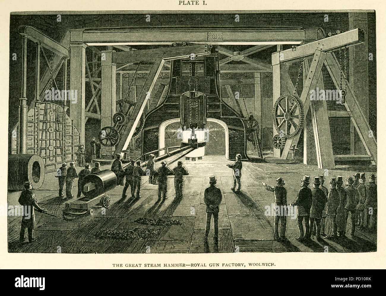 This illustration dates to the 1870s and shows the Great Steam Hammer Royal Gun Factory Woolwich. The hammer was, at the time, thought to be one of the most powerful steam hammers ever constructed. Its purpose was to forge great guns for the British Navy. The hammer was made by Nasymth & Co. Its height is about 50 feet and it is surrounded with furnaces and powerful cranes, carrying the huge iron tomgs that are to grap the glowing masses. Th hammer descend not merely with its own weight of 30 tons; steam is injected behind the falling piston, which is thus driven down with vastly enhanced rapi Stock Photo