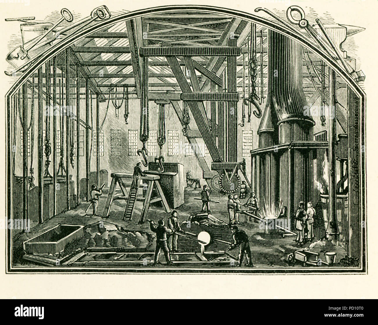 This illustration dates to the 1870s and shows a foundry, a workshop or factory for casting metal, in England in the 1870s. Stock Photo