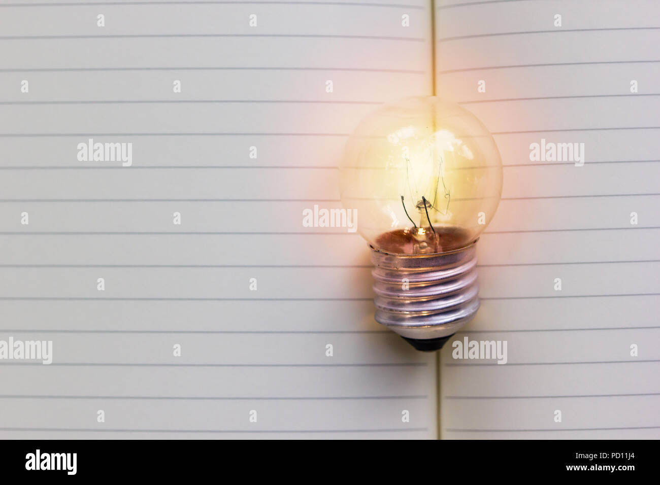 Creative thinking, idea, business concept : Light bulb put on open notebook with blank space. Conceptual business thinking and copy space Stock Photo