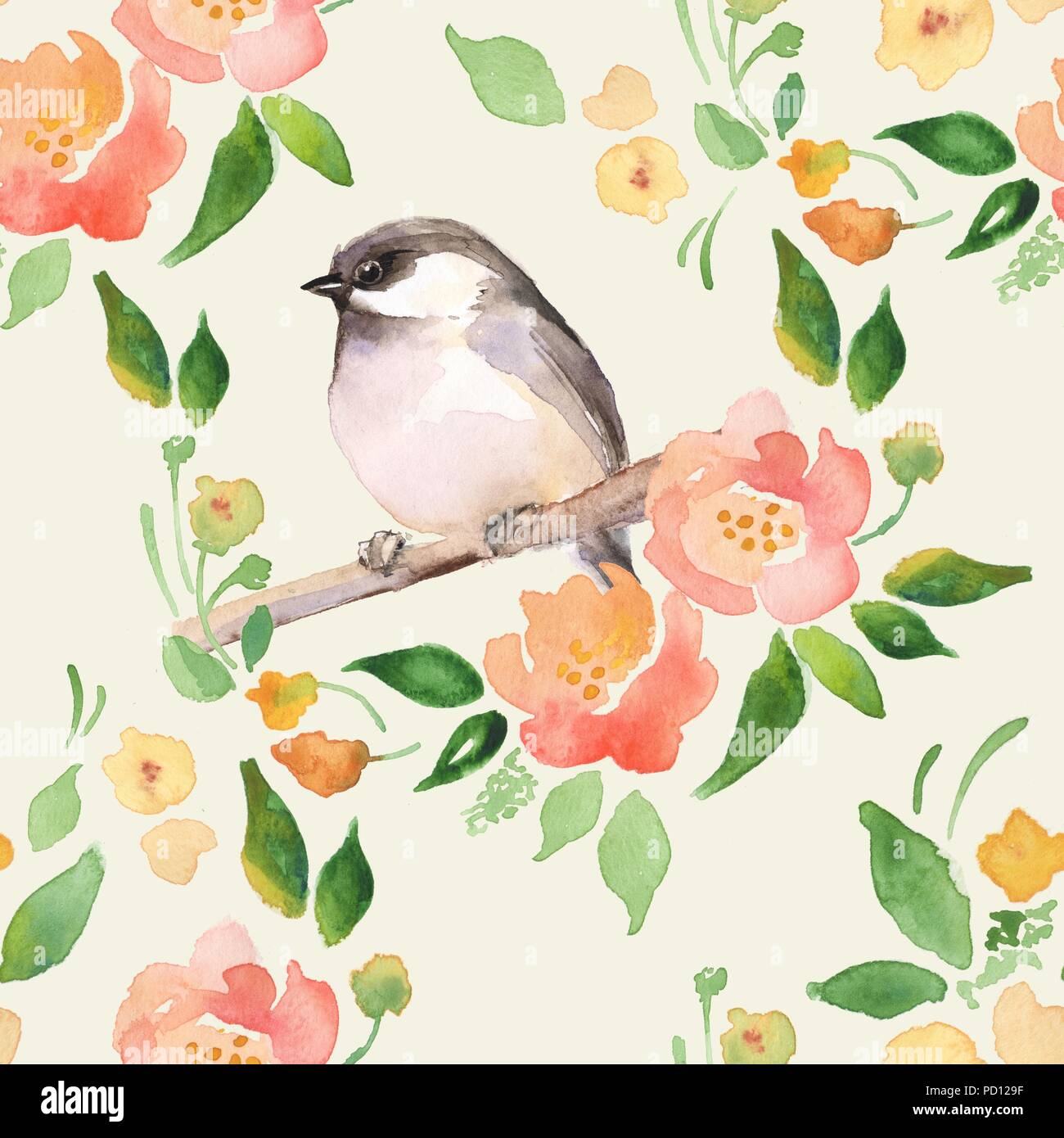 Watercolor floral background with a cute bird. Seamless  pattern 10 Stock Photo