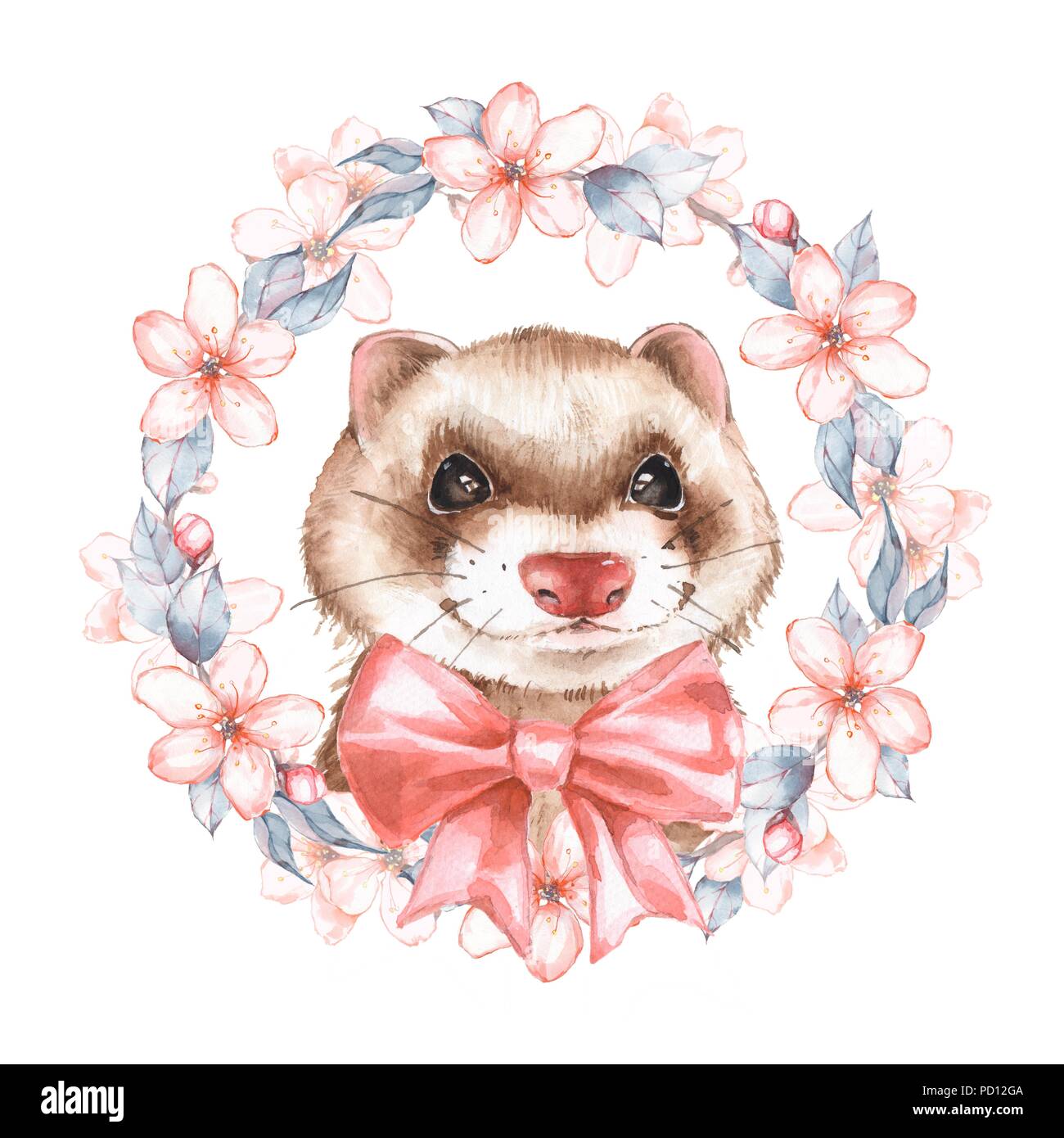 Cute ferret. Watercolor illustration Stock Photo