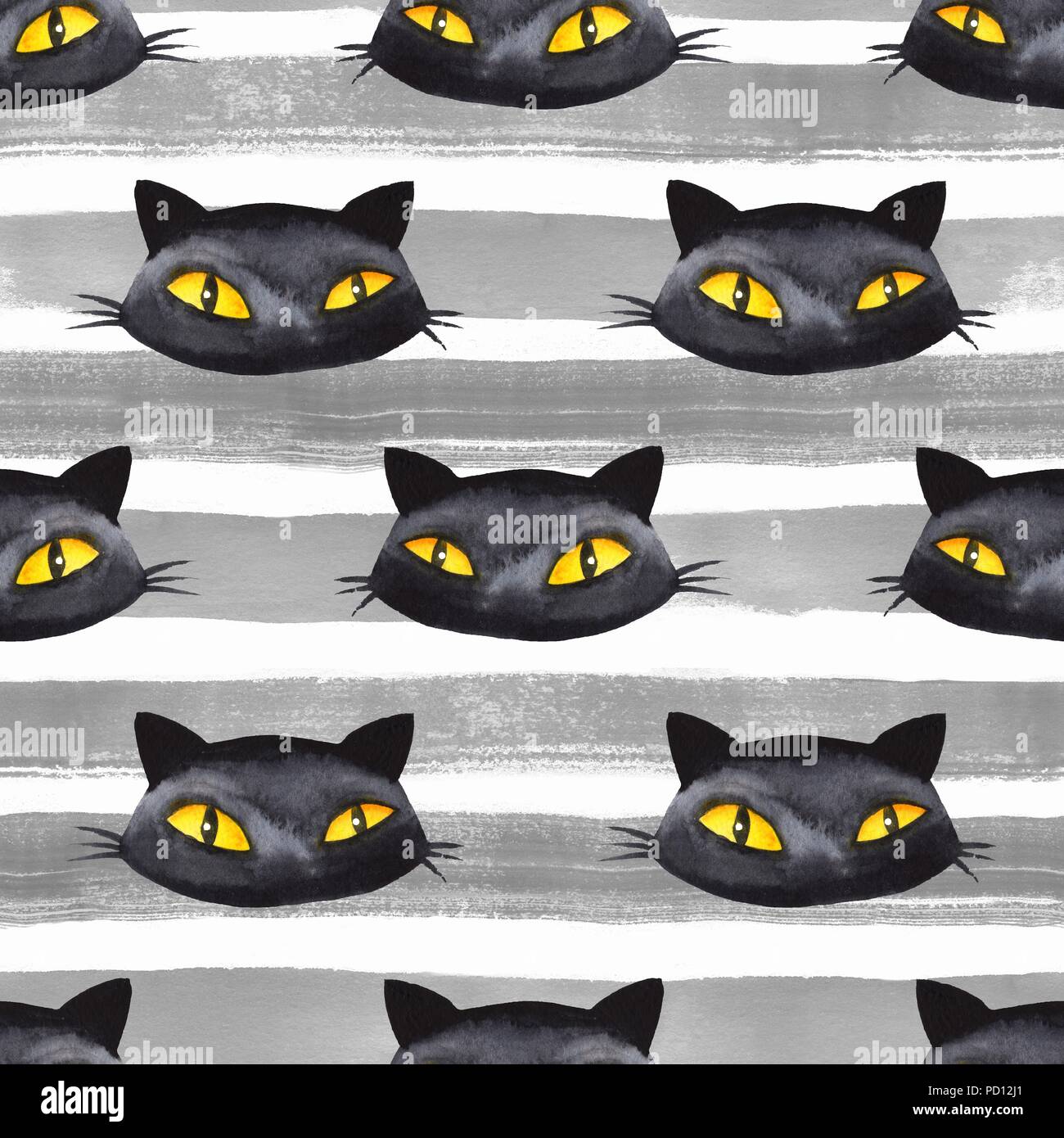 Halloween watercolor seamless pattern. Black cat, pumpkin, witch hat Stock Photo