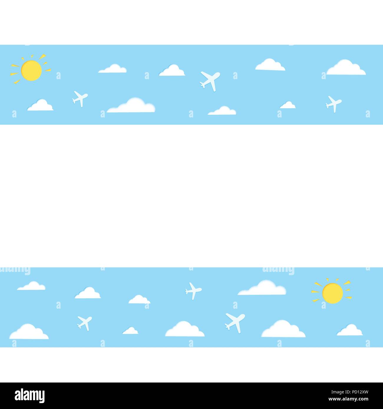 Template with paper cut planes, clouds and sun shape. Papercut summer shapes for flyer design. Vector illustration. Stock Vector
