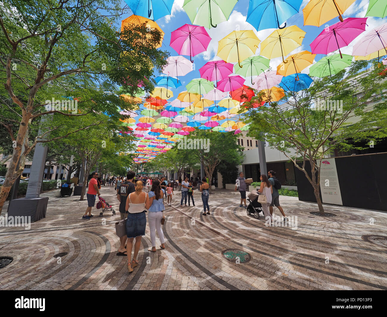 Umbrella Sky in Coral Gables, Florida, a joint art project by the City of Coral Gables and the Portuguese company Sextafeira. Stock Photo