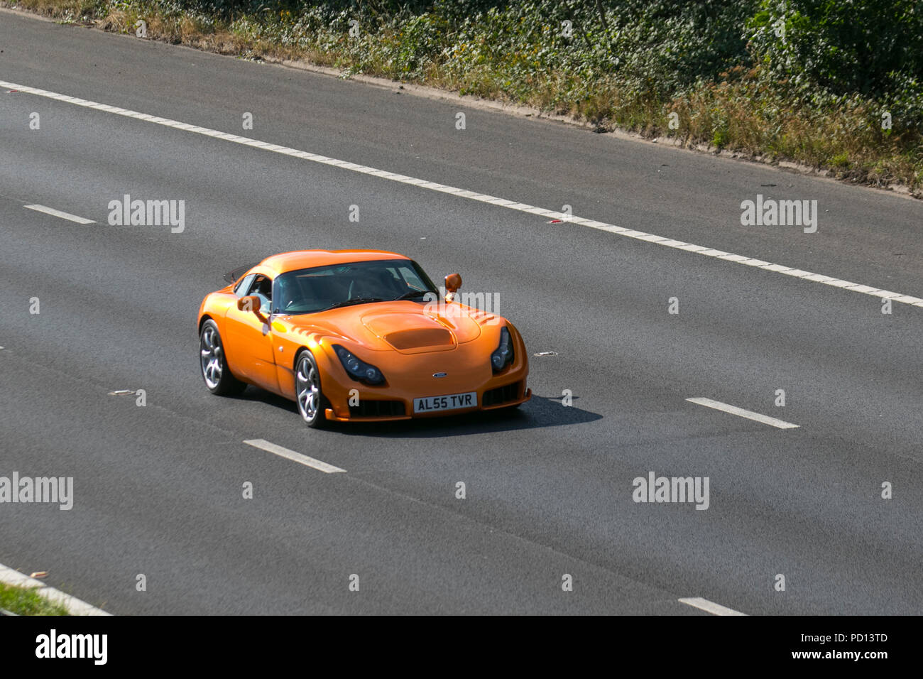 2005 55 plate Orange British Tvr Sagaris 3996cc petrol coupe is a sports car designed and built by the British manufacturer TVR in Blackpool, Lancashire. UK Stock Photo