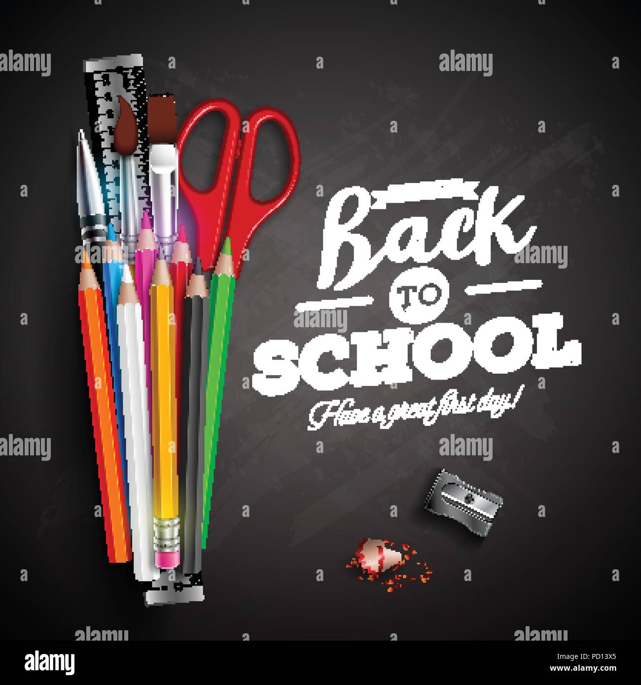 Back to school design with colorful pencil, pen and typography ...