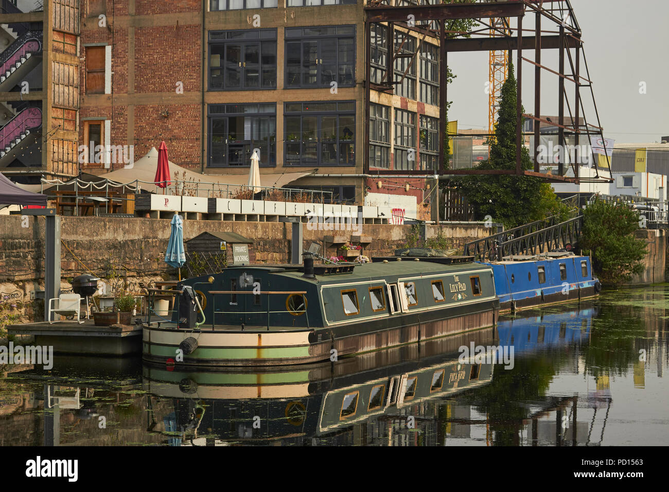 Houseboats on the River Lea in Hackney, London, England, viewed from the Capital Ring Path. Stock Photo
