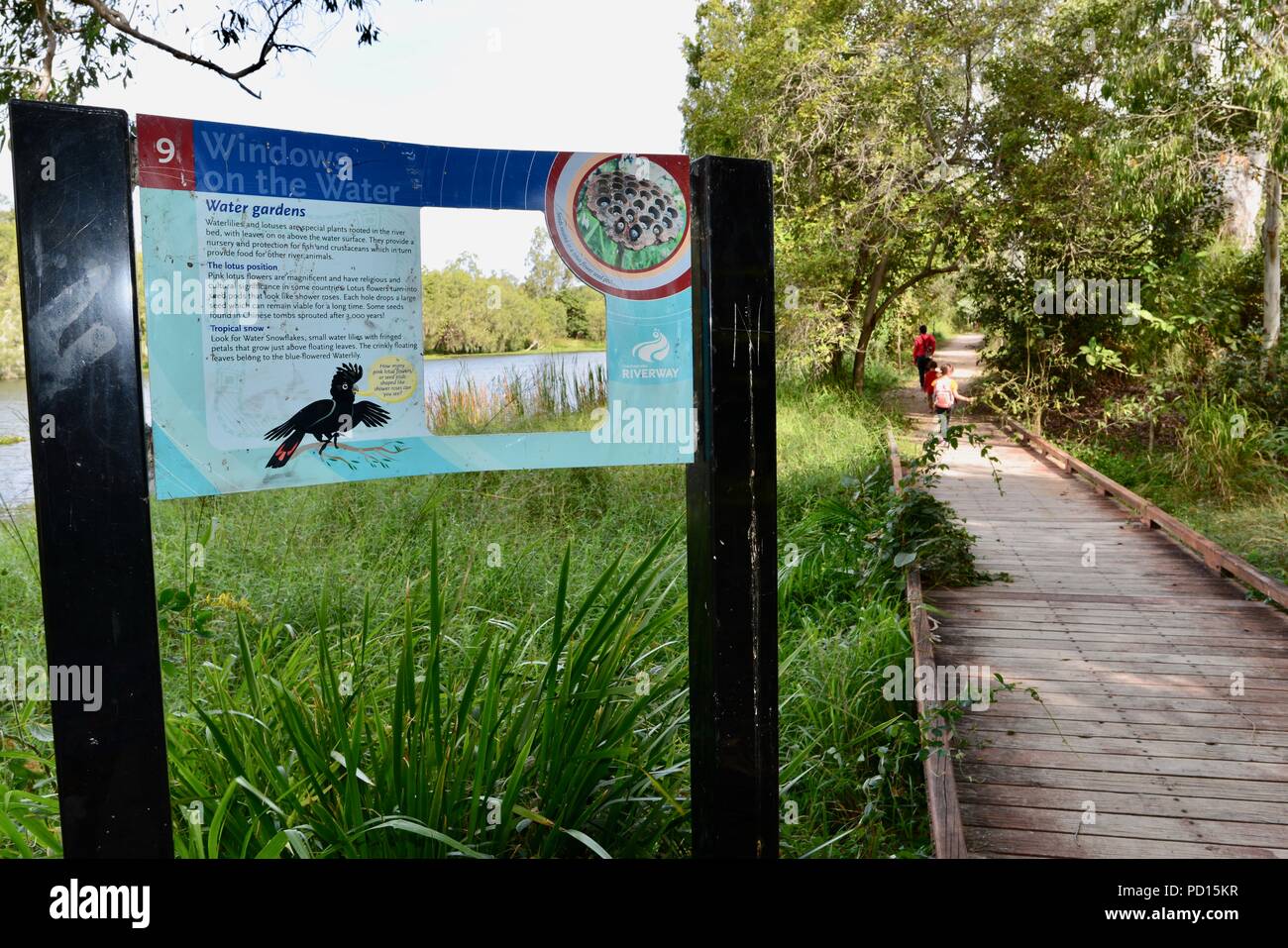 Windows on the water sign, Booroona walking trail on the Ross River, Rasmussen QLD 4815, Australia Stock Photo