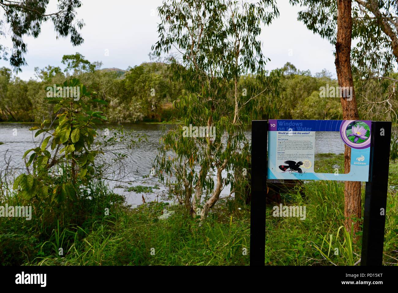 Windows on the water sign, Booroona walking trail on the Ross River, Rasmussen QLD 4815, Australia Stock Photo