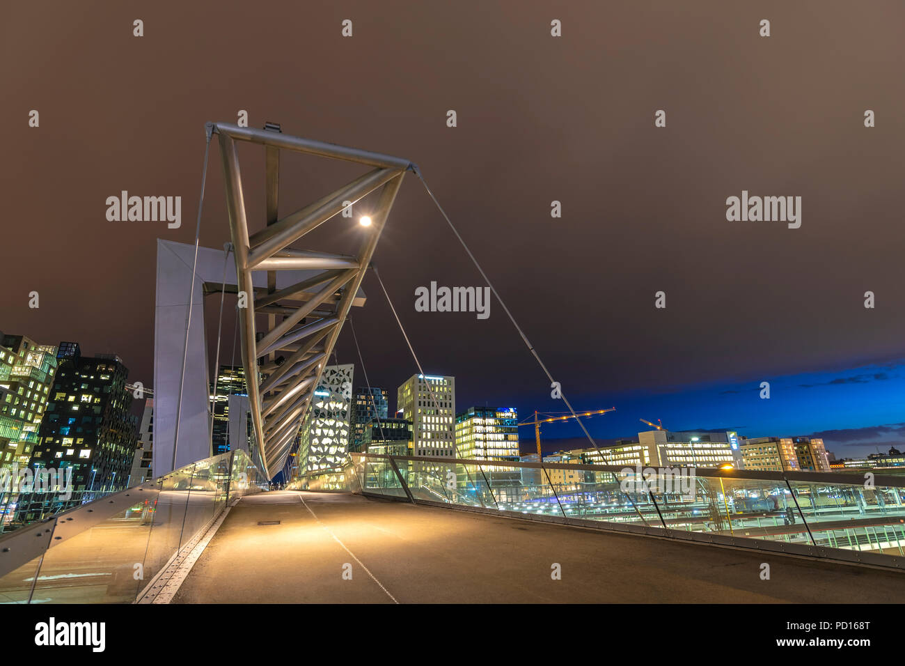 Oslo city skyline at Akrobaten pedestrian bridge and Barcode Project, Oslo Norway Stock Photo
