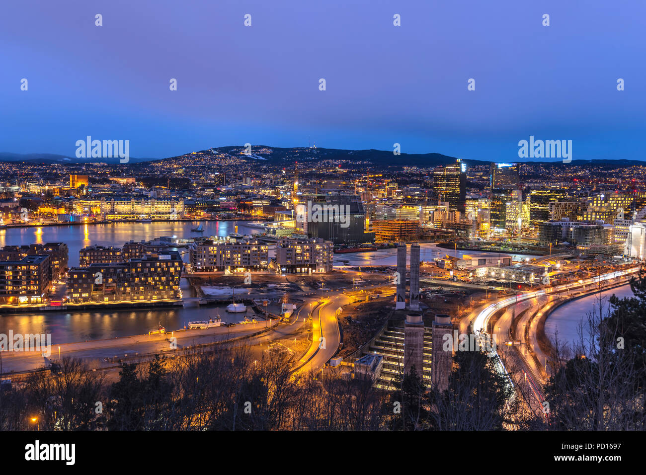 Oslo night aerial view city skyline at business district and Barcode Project, Oslo Norway Stock Photo