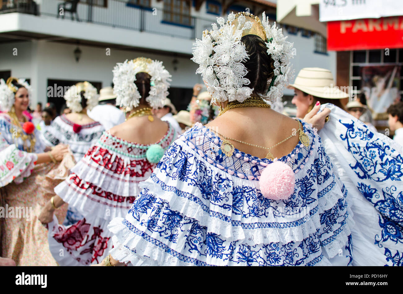 Women wearing Panamanian traditional dresses in Desfile de Las Mil Polleras or Mil Polleras Parade in Las Tablas, Panama Stock Photo