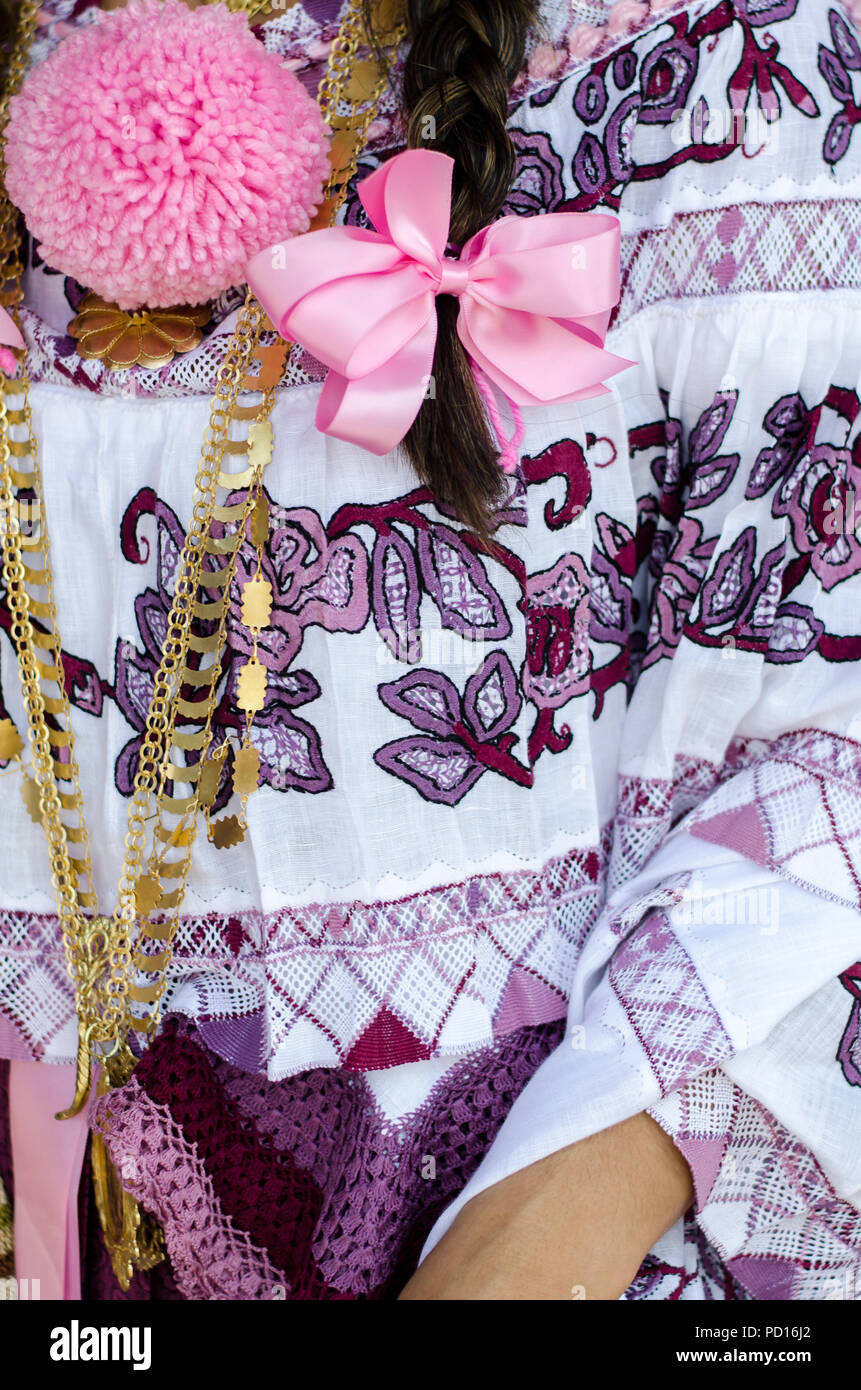 Details of a Panamanian traditional dress. There are variants depending on the geographic area, purpose of use and techniques of confections Stock Photo