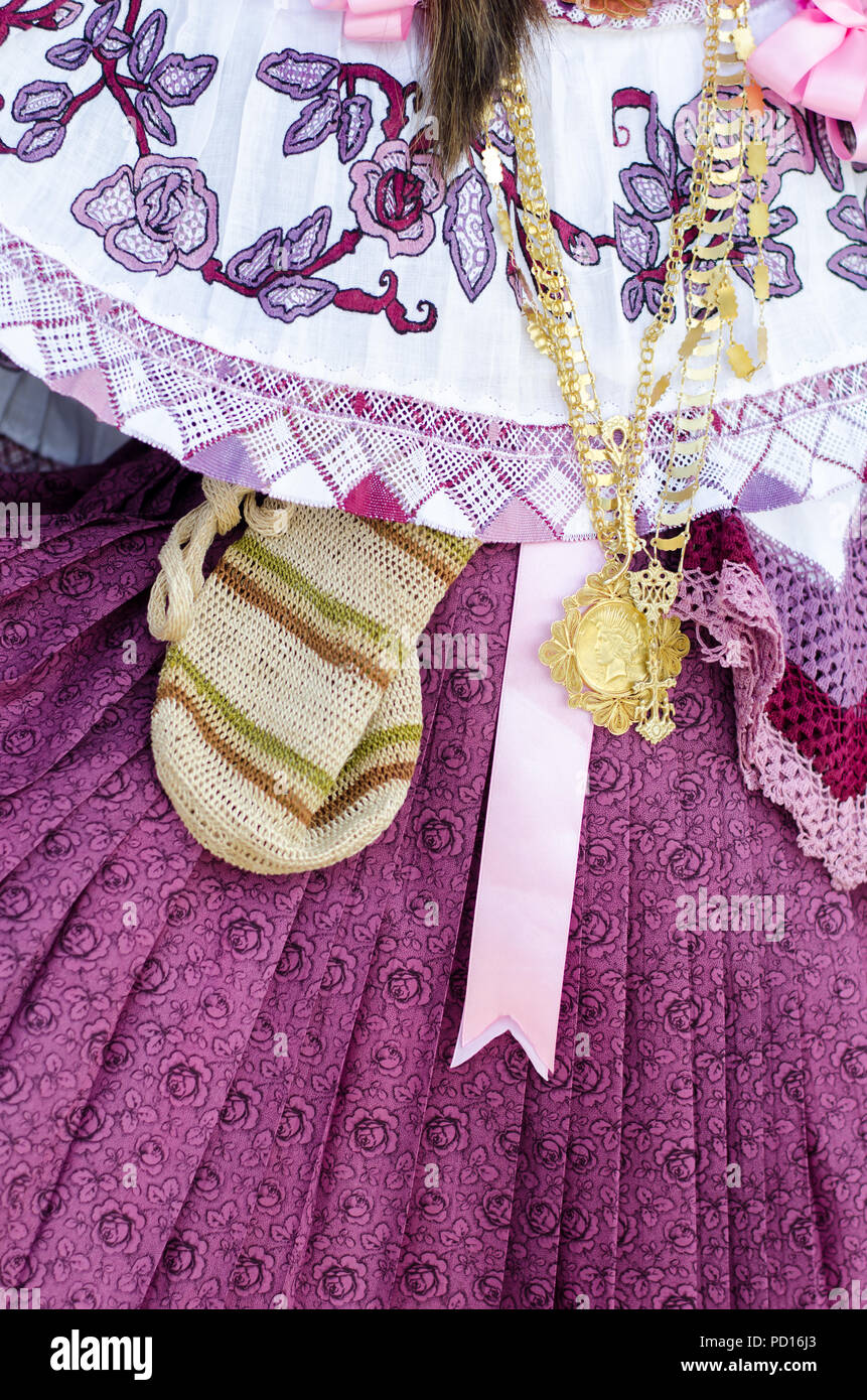 Details of a Panamanian traditional dress. There are variants depending on the geographic area, purpose of use and techniques of confections Stock Photo