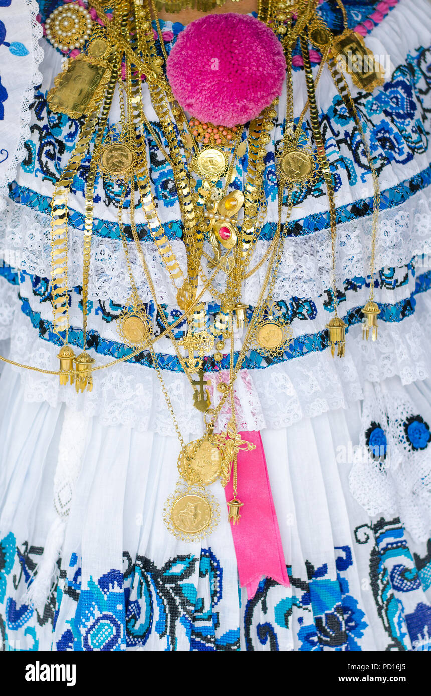Details of a Panamanian traditional dress. There are variants depending on the geographic area, purpose of use and techniques of confections. Stock Photo