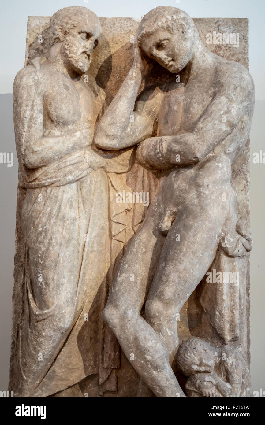 Grave Stele, Father, Son, and Servant, Death of an Athlete, 350-325 BC. Stock Photo