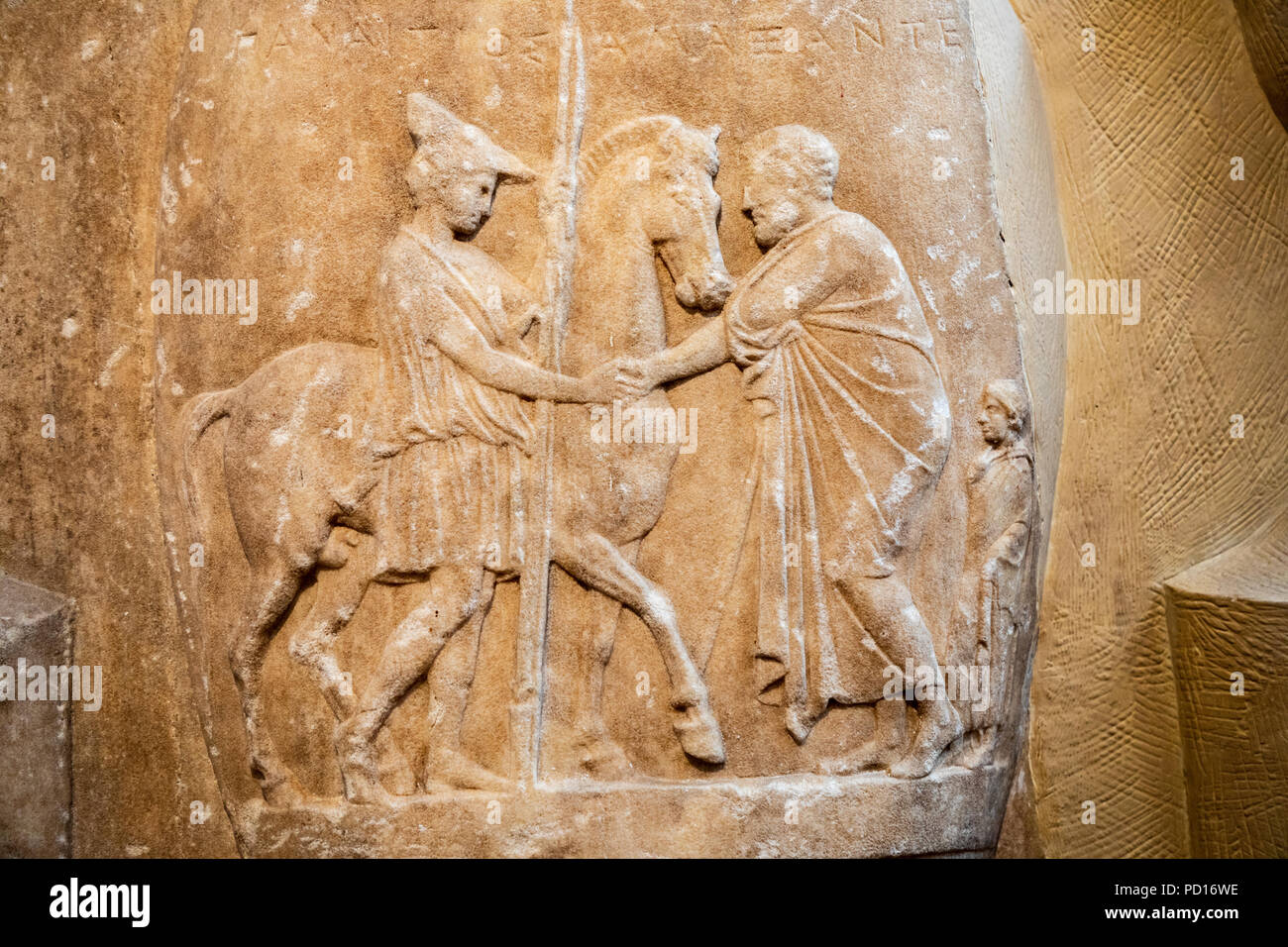 Grave Relief, Warrior Son Bids Father Farewell, Panaitios of deme Hamaxant, Abt. 400 BC. Stock Photo