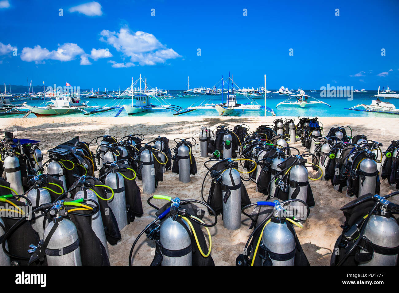 Scuba diving air tanks at White beach, Boracay island, Philippines
